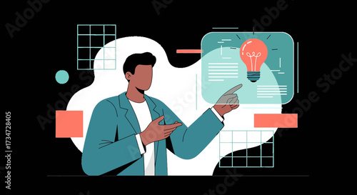 Illustration of a professional man presenting a bright idea or concept creatively visualized on a