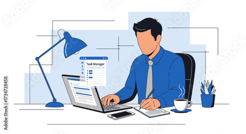 Illustration of a professional managing tasks with a laptop and task manager application