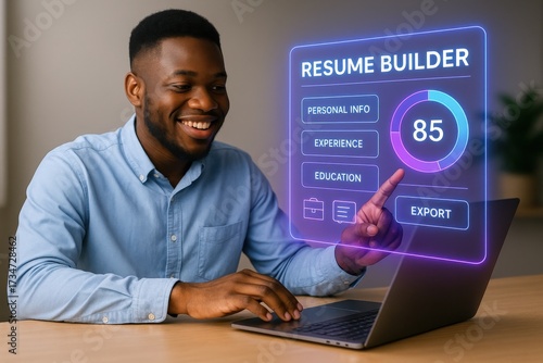 Digital resume building action home office location interactive software content modern environment user-centric viewpoint job preparation concept