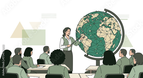 Illustration of a teacher explaining global connections using a globe and engaging students