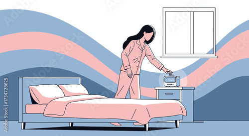 Illustration of a woman waking up in the morning and turning off the alarm clock in her bedroom