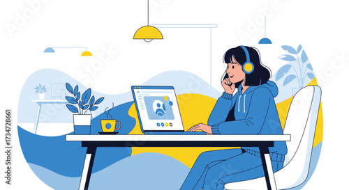 Illustration of a woman working from home with laptop and headset in a cozy setting