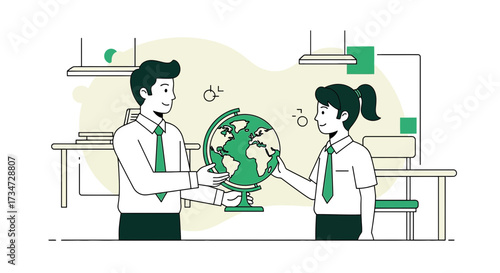 Illustration of students holding a globe demonstrating geography education and global awareness