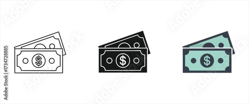 Three icons of folded banknotes with dollar signs in outline, solid black, and colored styles on a white background