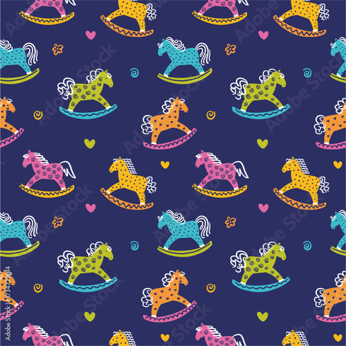 Vector pattern of different horses, children's rocking toys, hand drawn in doodle style