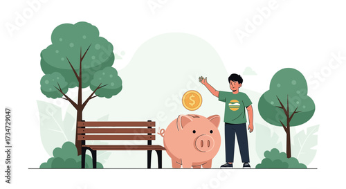 Illustrative depiction of a young man saving money in a park setting emphasizing financial