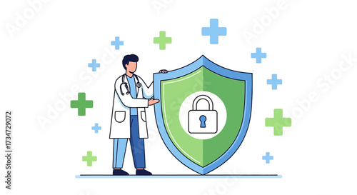 Illustrative portrayal of secure health information protection by a doctor with a shield, modern