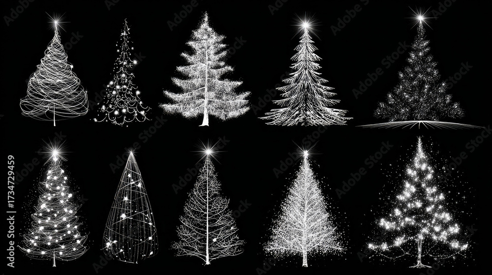 Obraz premium Christmas Tree Silhouette in Black and White Vector Set with Fes