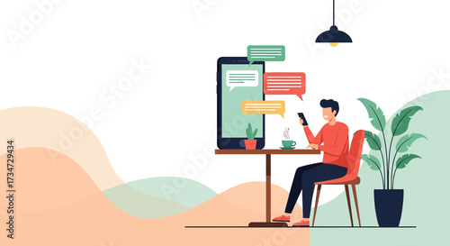 Man chatting on mobile phone at cafe illustration depicting modern communication and lifestyle