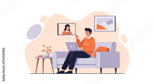 Man comfortably video conferencing on his laptop at home during a virtual meeting