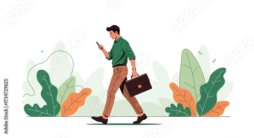 Man walking with briefcase checking his phone in a leafy urban enviroment illustration
