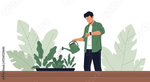 Man waters plants, illustrating gardening as a relaxing hobby and connection with nature