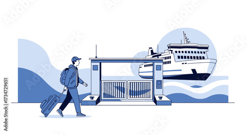 Man with luggage walking towards a ferry terminal embarking on a nautical adventure illustration