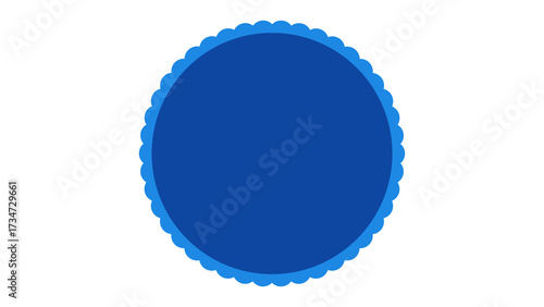 A centrally positioned, solid blue circle is framed by a scalloped border design.