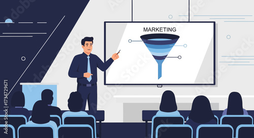 Marketing presentation with funnel diagram in business conference or training session environment