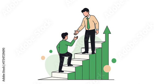 Mentorship and growth depiction with two people on stairs and upward arrow, leadership guidance