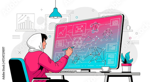 Modern woman scientist analyzing data on a large computer screen with digital interface illustration