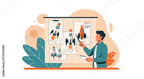 Presentation of New Project: Man presenting rocket ship ideas with confidence and clarity