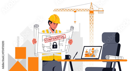 Professional engineer reviewing confidential construction blueprint at construction site