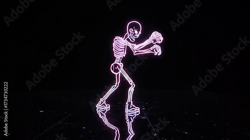 Neon skeleton dances on a reflective surface at night