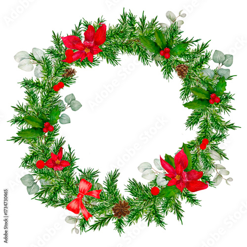 Wallpaper Mural Christmas wreath with watercolor Christmas tree fir branches red flowers poinsettia Illustration berries holly with frame with copy space is hand drawn. White background Torontodigital.ca