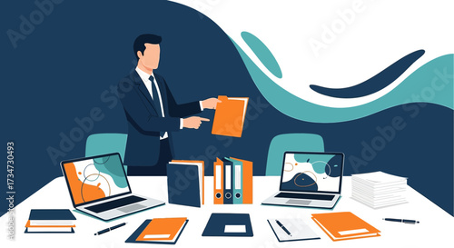 Professional workflow illustration showcasing document exchange in a modern office setting