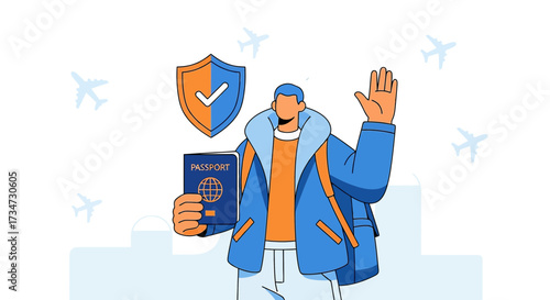 Secure international travel concept featuring person with passport and travel insurance