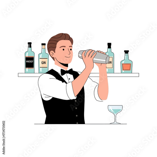 A male bartender in a vest and bow tie shaking a cocktail shaker behind a bar with bottles.
