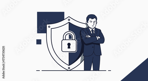 Security professional safeguarding digital assets with a protective shield and padlock icon