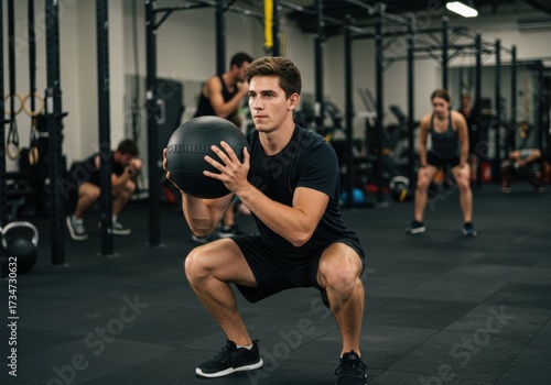 Wallpaper Mural Man doing squats with a medicine ball in a gym setting during a workout session. Torontodigital.ca