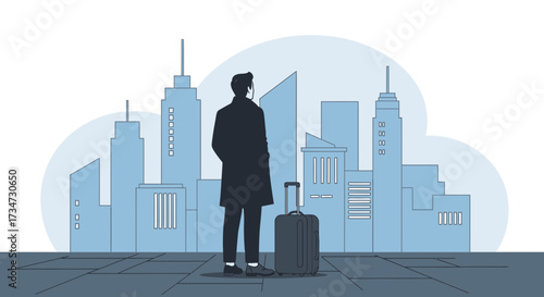 Silhouette of a businessman with luggage contemplates urban cityscape destination travel journey