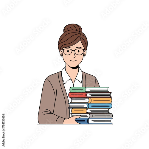 A friendly female teacher or librarian with glasses and a hair bun holding a large stack of colorful books.