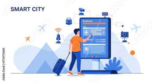 Smart city airport terminal with traveler using digital boarding pass technology