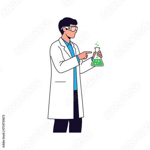A scientist in a lab coat and safety goggles holding and pointing at a bubbling green liquid in an Erlenmeyer flask, conducting an experiment.