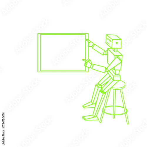 robot sitting on a chair displaying a notice board in his hand