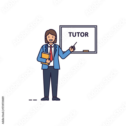 Cartoon illustration of a smiling tutor standing next to a whiteboard with 'TUTOR' written on it, holding a book and pointing.