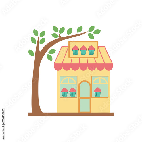Charming cupcake shop illustration under a tree with pastel colors