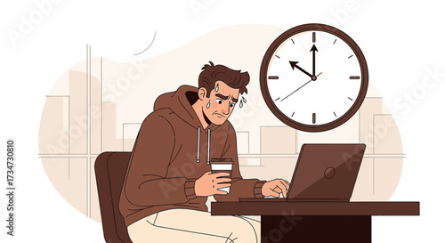 Stressed man works on a laptop at his desk with a clock indicating deadline pressure