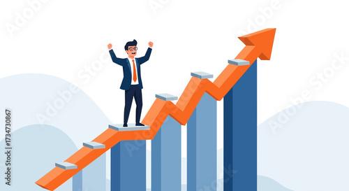 Successful businessman celebrating reaching the top of growth chart diagram illustration