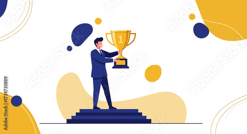 Successful businessman holding gold trophy with number one on top of the stairs