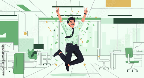 Successful Businessman Celebrating with Money Rain in Modern Office Environment