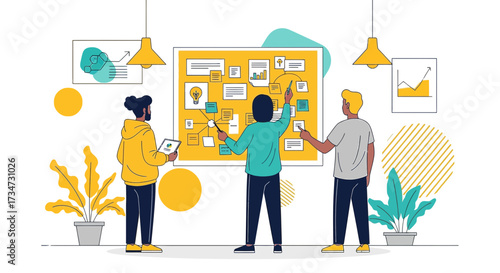 Teamwork brainstorming session with diverse colleagues analyzing charts and graphs for innovative