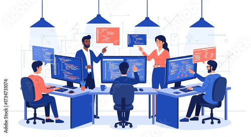 Teamwork in software development coding environment collaborative programming session illustration