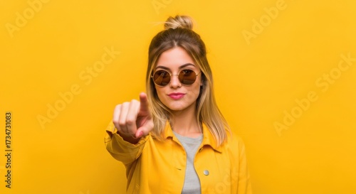 Young woman in sunglasses pointing forward against a yellow background