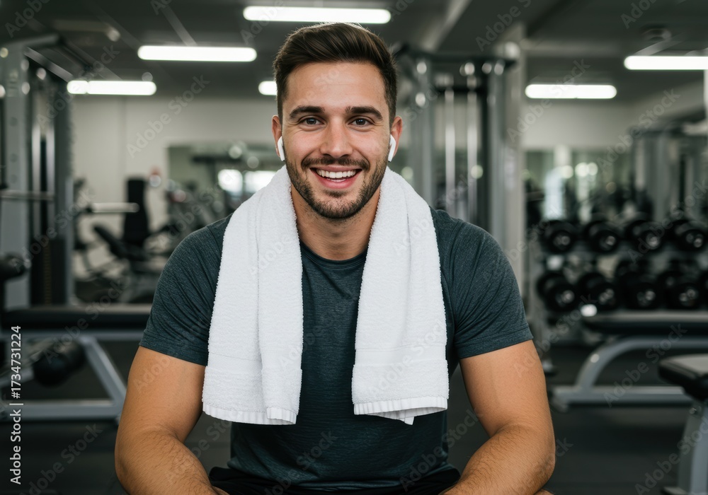 Fototapeta premium Smiling man with a towel around his neck at the gym