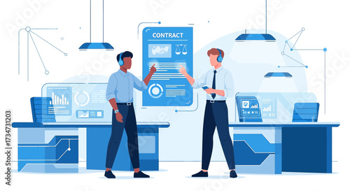 Two professionals review a digital contract in a modern high-tech office setting visual