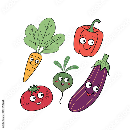 Cute Cartoon Vegetables Set Isolated on White Background Illustration