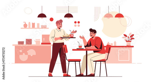 Waiter serving food and drink to a customer in a modern minimalist restaurant illustration