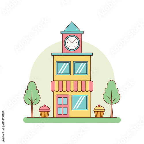 Cute cupcake shop building with clock tower and trees vector design