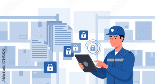 Warehouse Worker Managing Secure Inventory with Tablet Technology and Data Protection